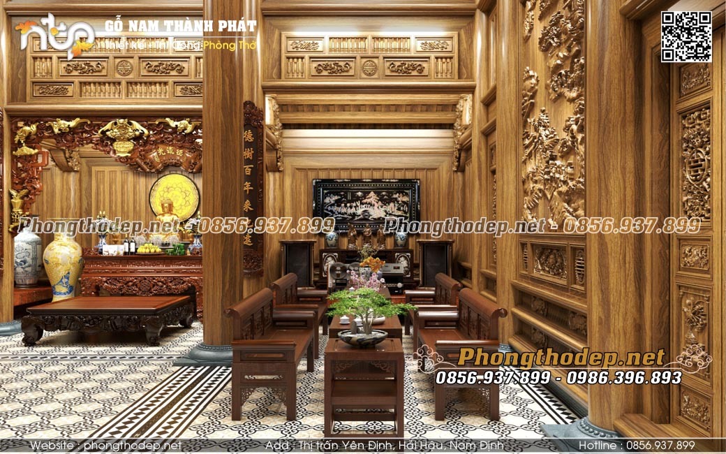 Nội thất phòng thờ gian trái nhà gỗ 5 gian tại Bình Dương